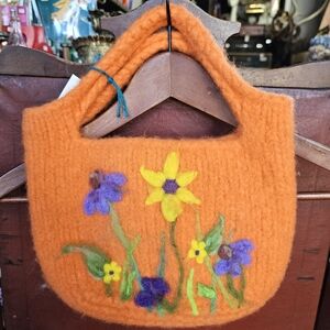 Felted Orange Bag With Flowers